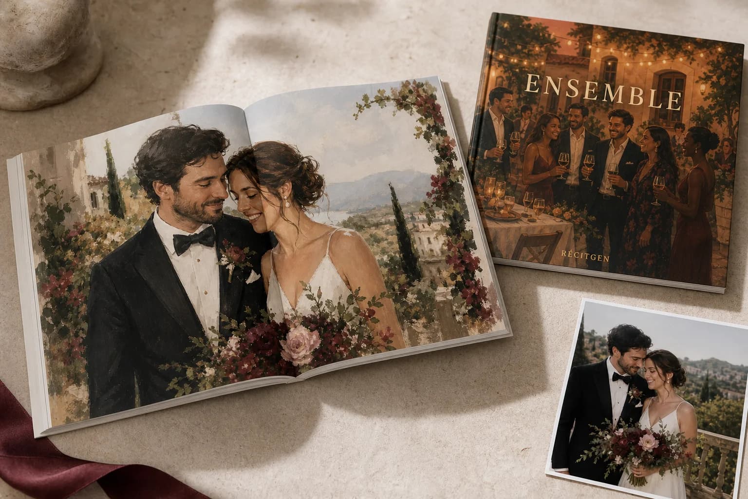 Livre souvenir illustré montrant la ressemblance entre une photo de famille et son personnage